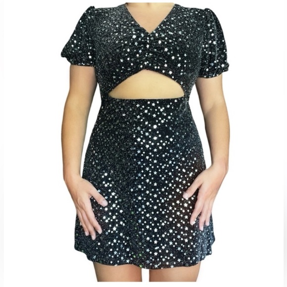 Altar’d State puff sleeve star sequin silver cut out black sparkly slinky dress - Picture 8 of 8